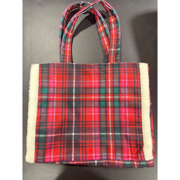 Victorias Secret Plaid & Shearling Tote Bag Flannel Feel Soft Holiday - Picture 2 of 7